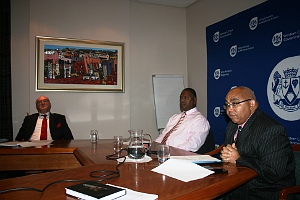 Minister of Social Development Albert Fritz shares highlights of his Budget Vote with the Media while Ministers Dan Plato, Community Safety, and Robin Carlisle, Transport and Public Works, look on.