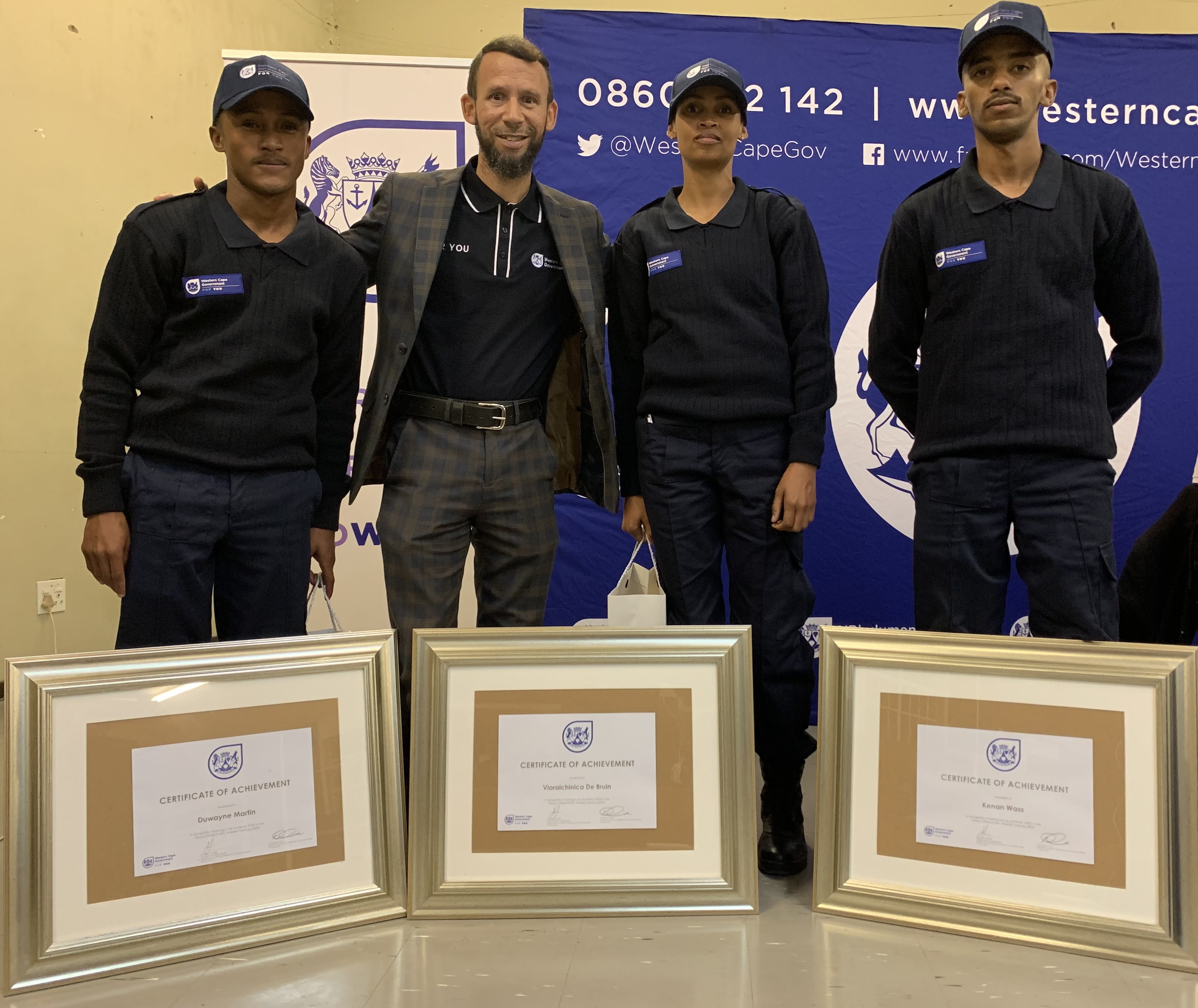 Top 3 Achievers, L-R: Duwayne Martin; Western Cape Minister of Police Oversight and Community Safety, Reagen Allen; Vioralchinica De Bruin and Kenan Wass