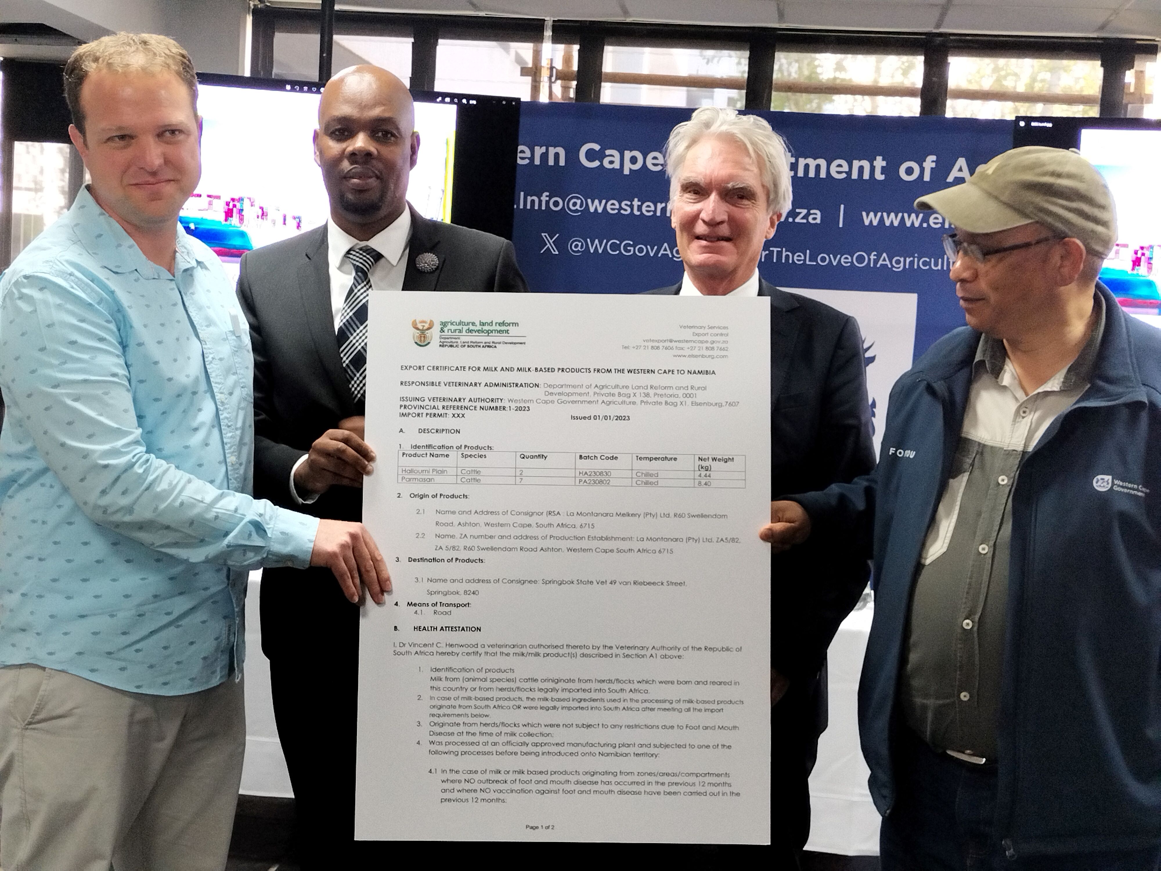 Dr Vincent Henwood, Theo Pongoloof of DALRRD, Dr Lex Morette, Technical Advisor and Minister Meyer