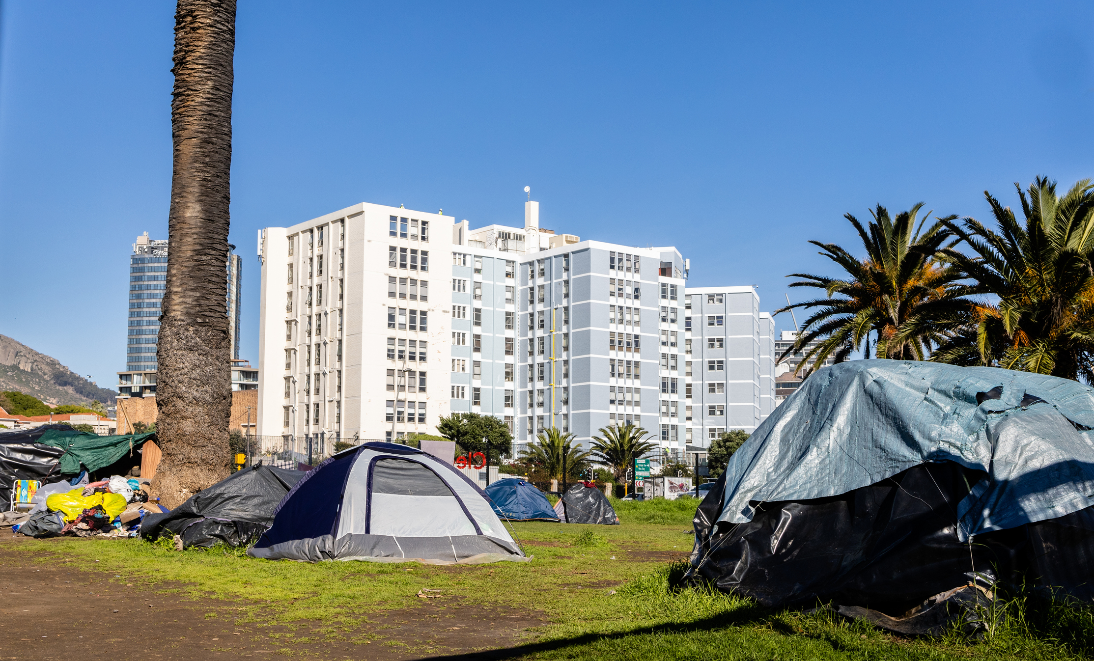 Tents and shelters erected by the homeless in a park in Green Point