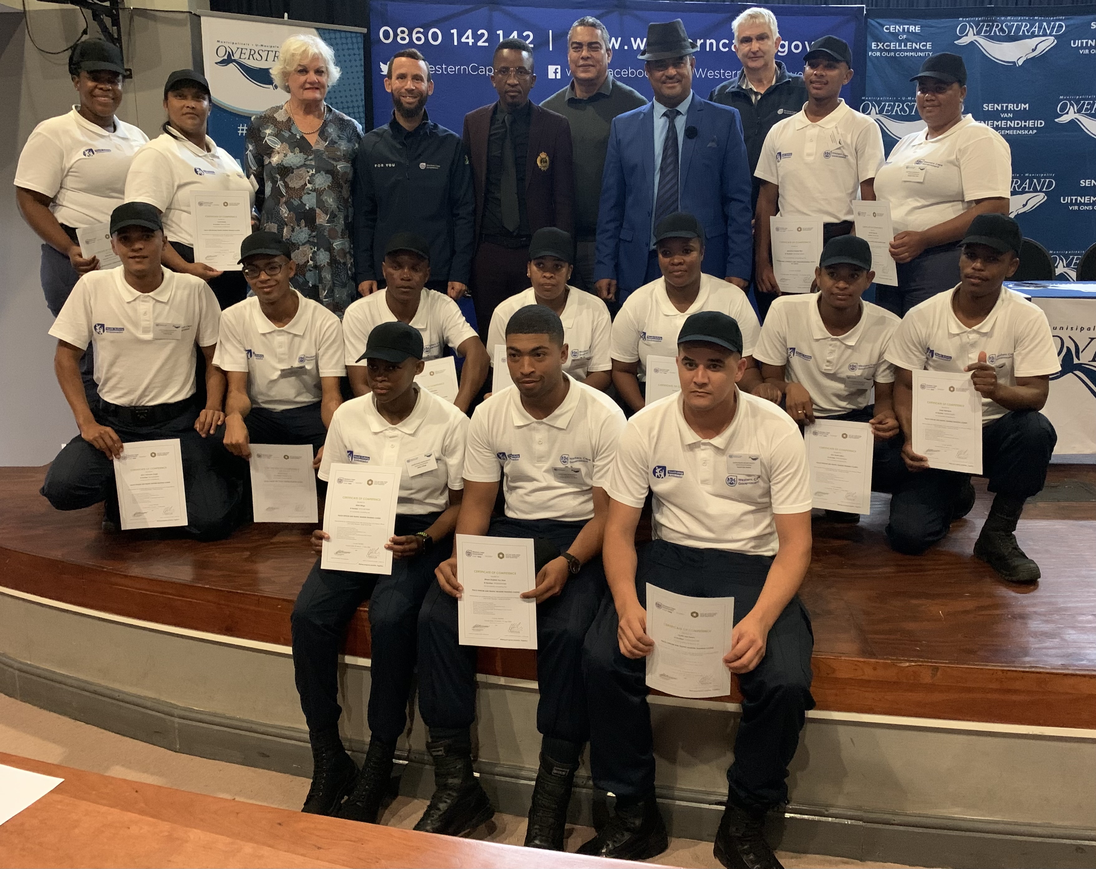 Overstrand graduation. Dignitaries standing, L – R: Overstrand Executive Mayor, Dr Annelie Rabie, Western Cape Minister of Police Oversight and Community Safety, Reagen Allen, Overstrand Executive Deputy Mayor, Lindile Ntsabo, (behind deputy mayor) - O