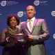 Ebrahiem Klaasen receiving his award from Best Contribution to the Performing Arts: Music from Jane Moleleki