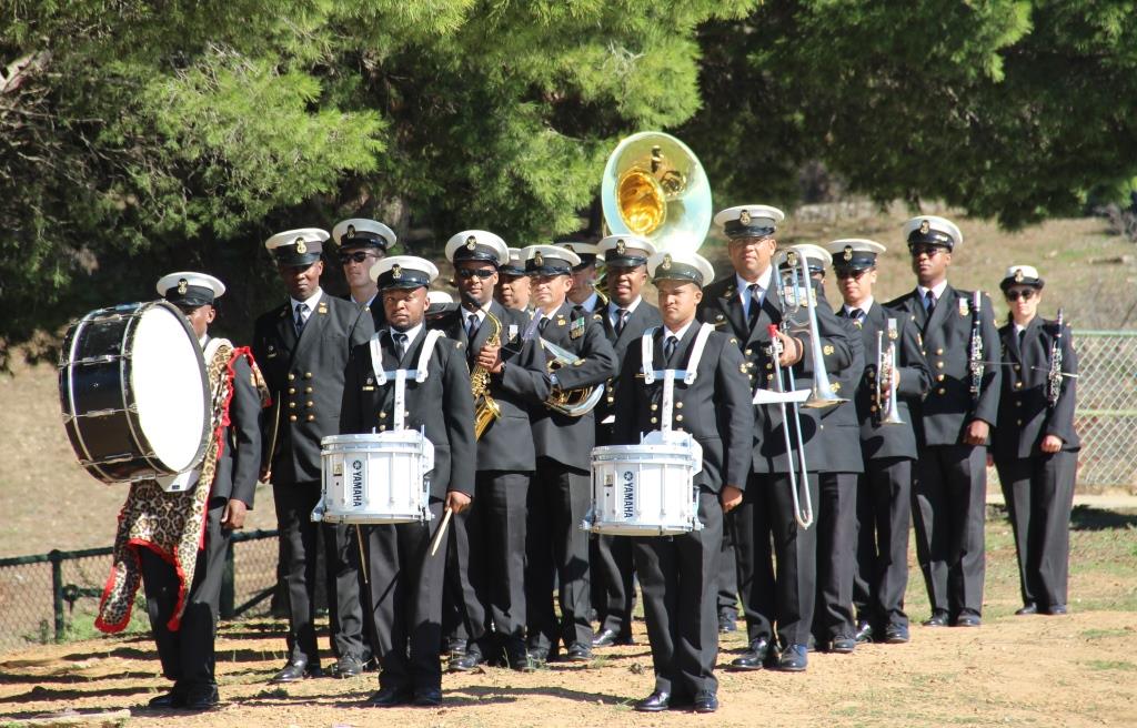 The SA Navy band prepares for the National Anthem after the Noon Gun