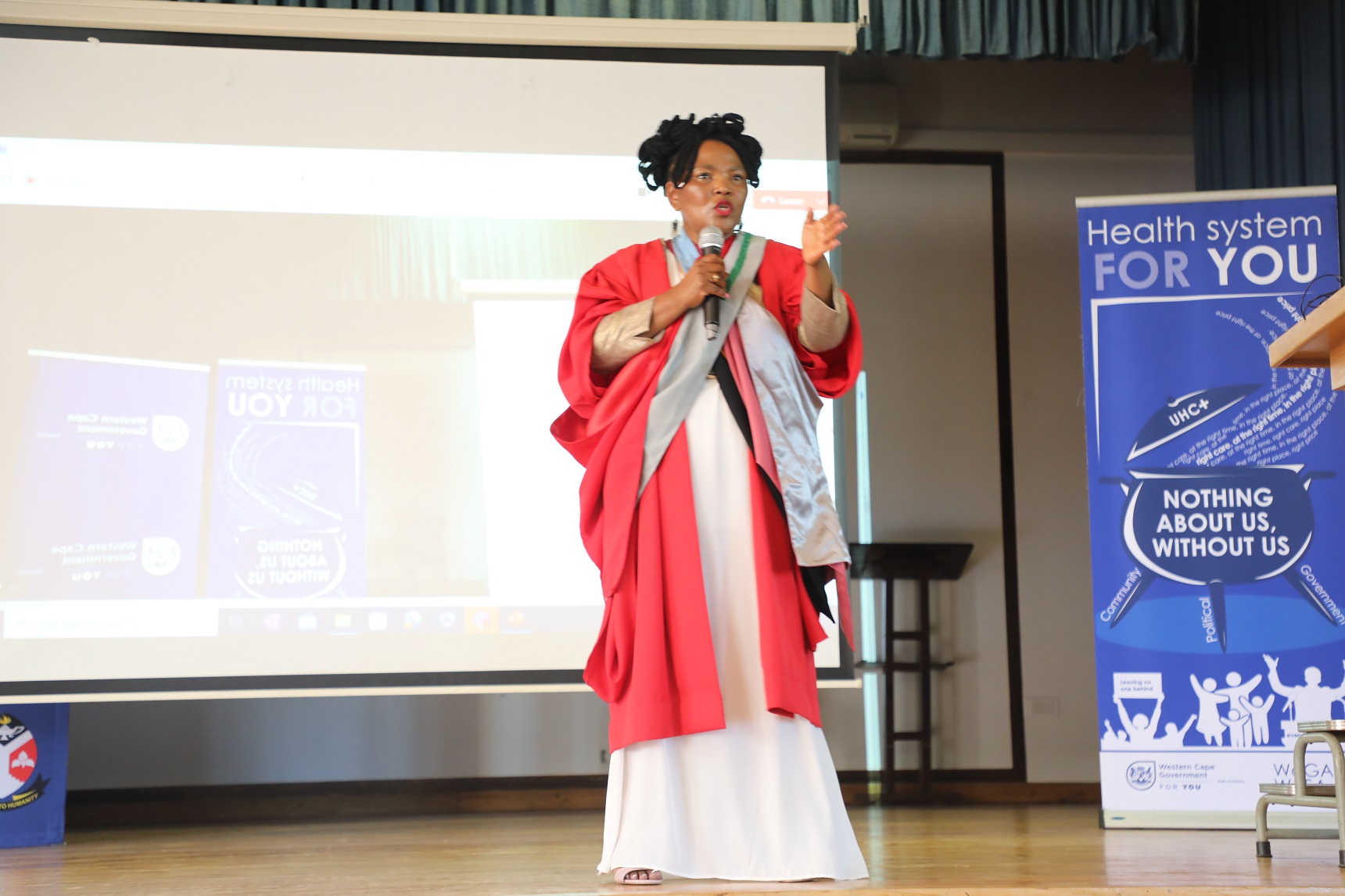 Western Cape Minister of Health and Wellness, Professor Nomafrench Mbombo, addressing the nursing students from the various programmes.